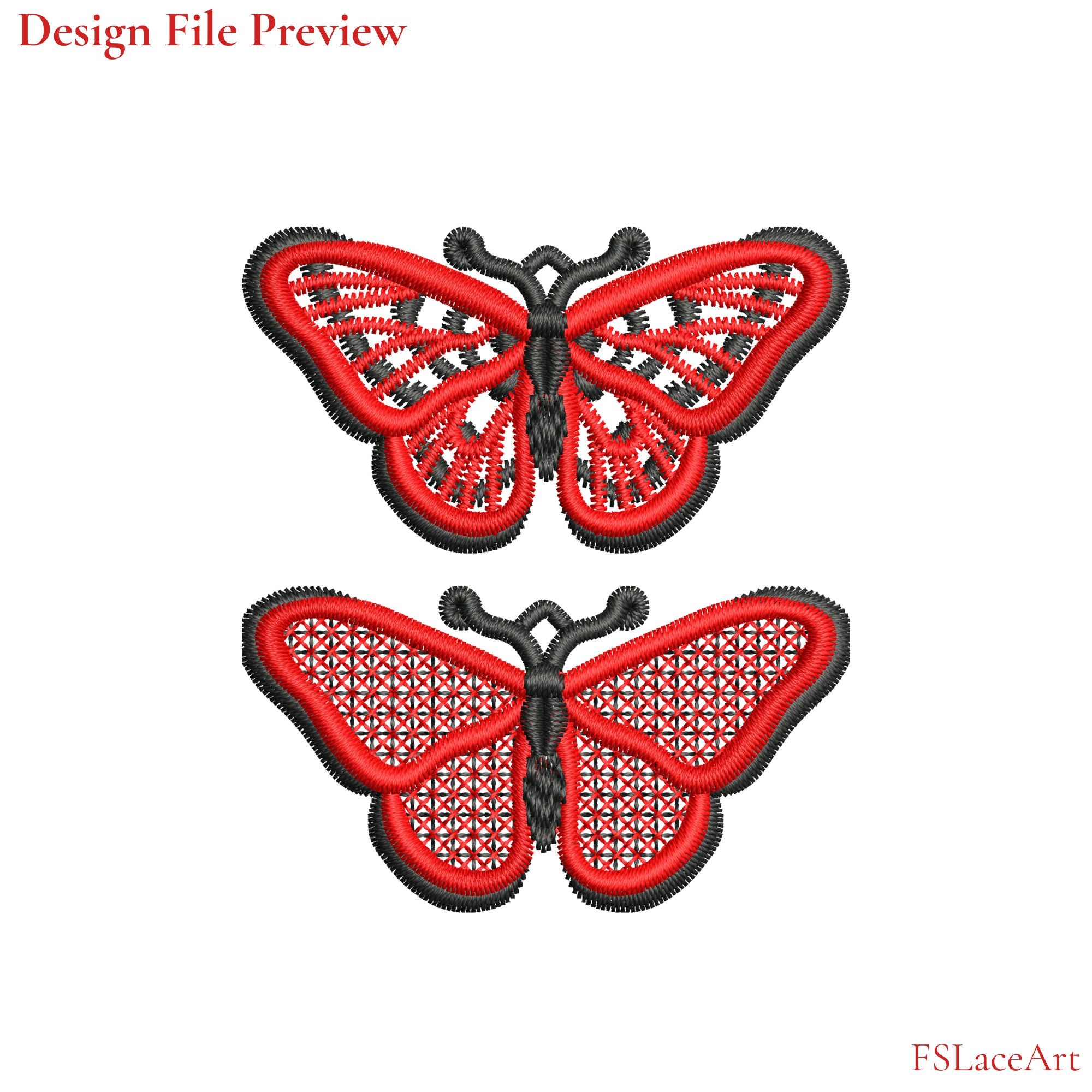 Machine embroidery file preview showing red and black butterfly FSL designs with openwork and mesh-filled wings