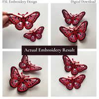 Collage of actual red spotted butterfly FSL embroidery results shown flat and with raised wings