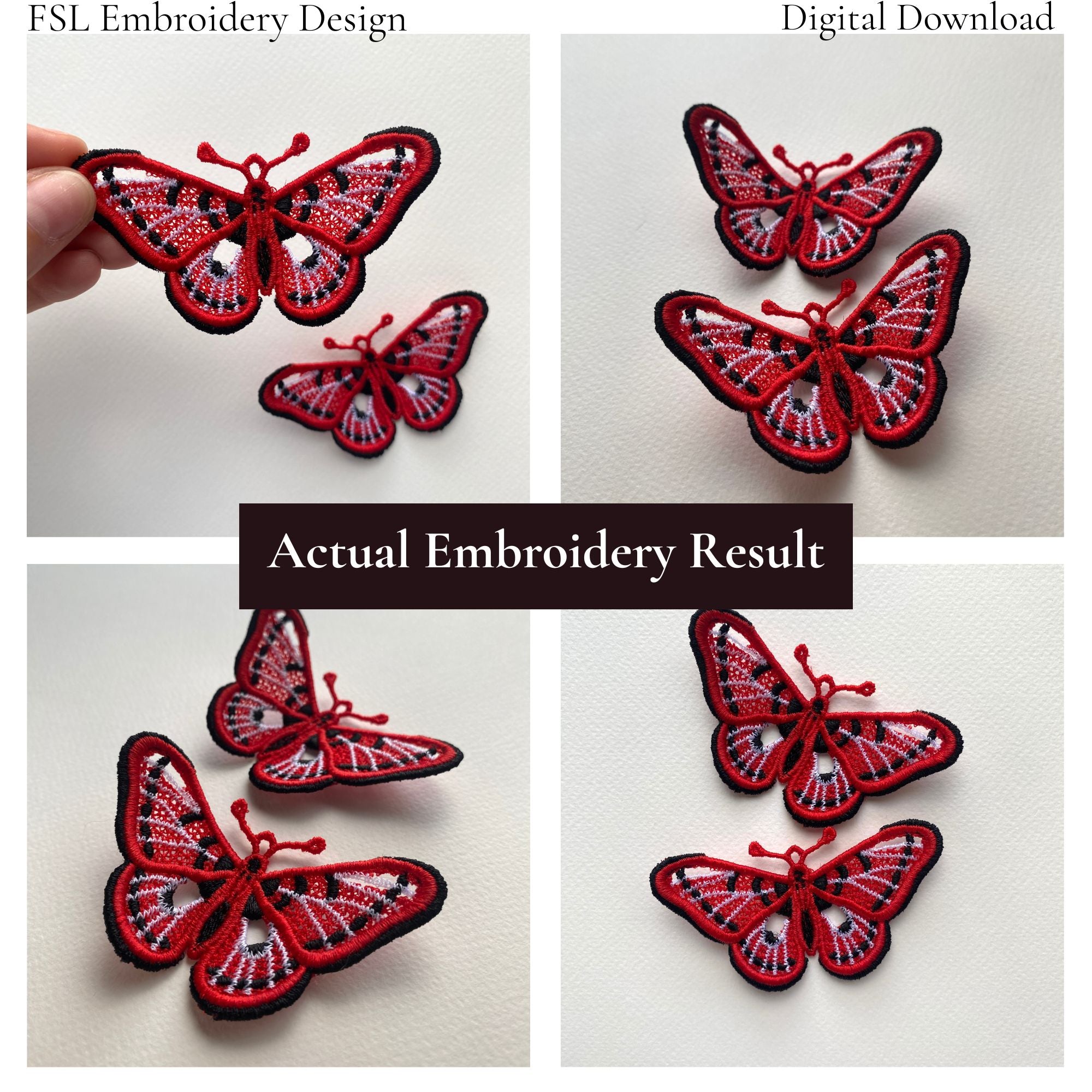 Collage of actual red spotted butterfly FSL embroidery results shown flat and with raised wings