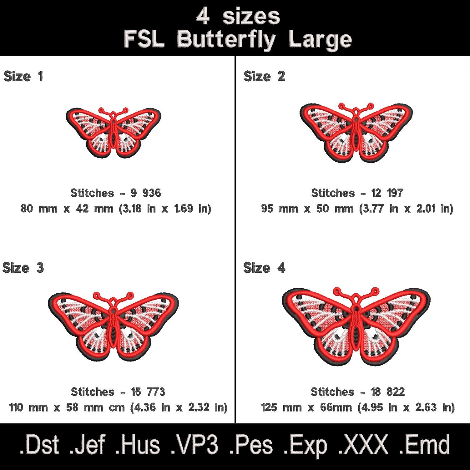 Red spotted butterfly FSL embroidery size chart with four dimensions, stitch counts and machine file formats