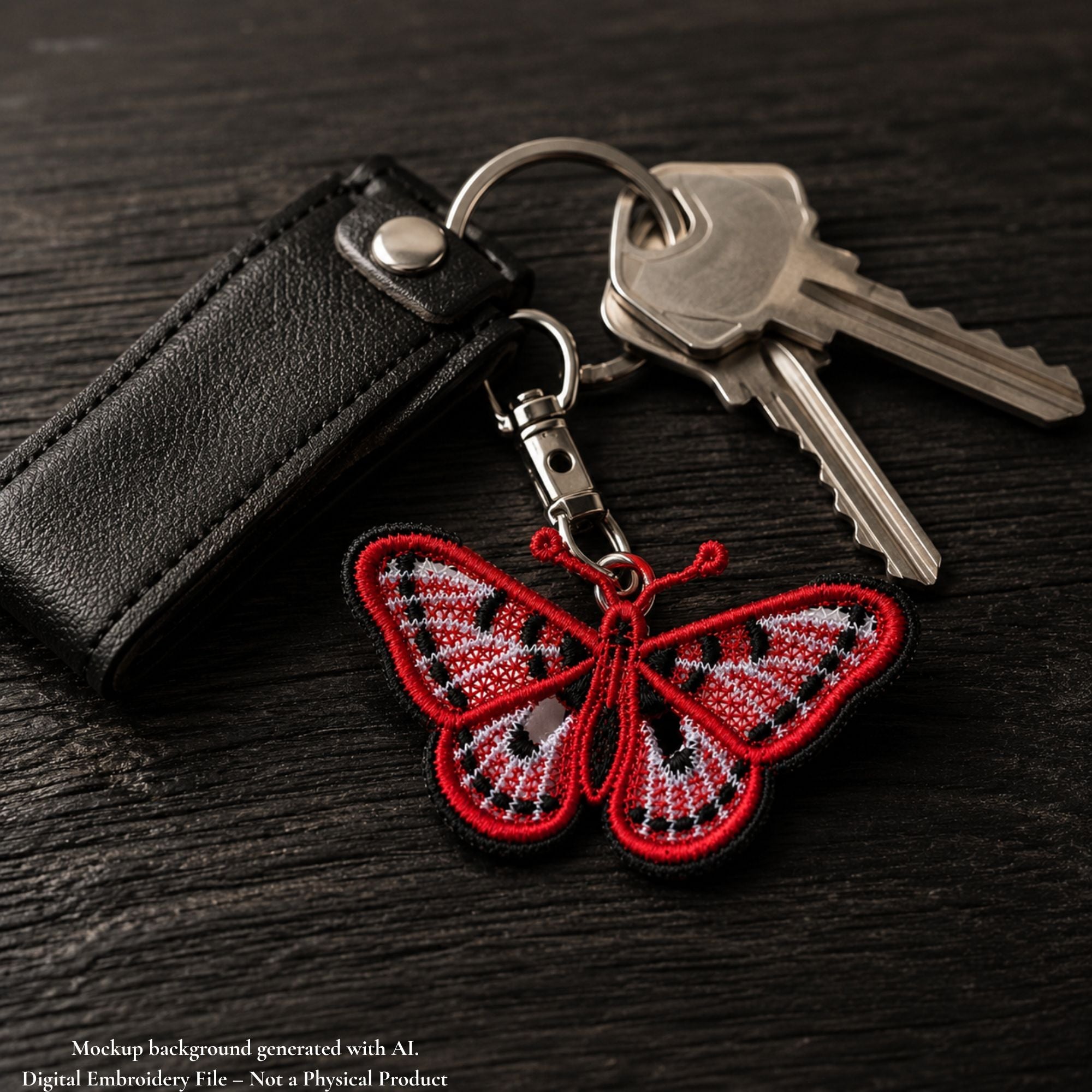 Red, white and black butterfly FSL keychain displayed beside silver keys and a black leather case