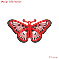 Machine embroidery file preview of a red spotted butterfly FSL design with white lace fills and black markings