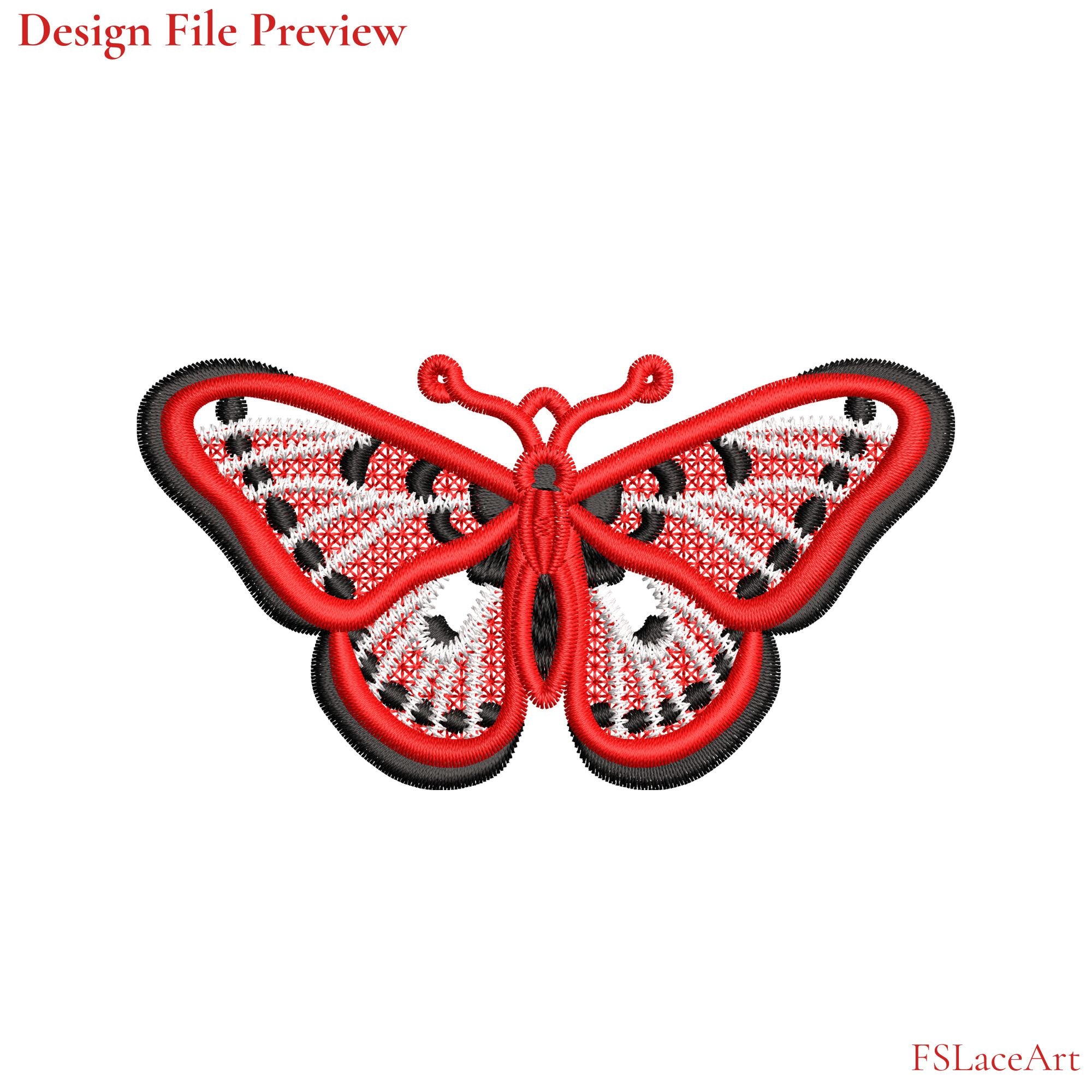 Machine embroidery file preview of a red spotted butterfly FSL design with white lace fills and black markings