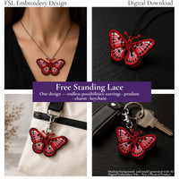 Red spotted butterfly FSL design shown as a necklace pendant, layered ornament, bag charm and keychain