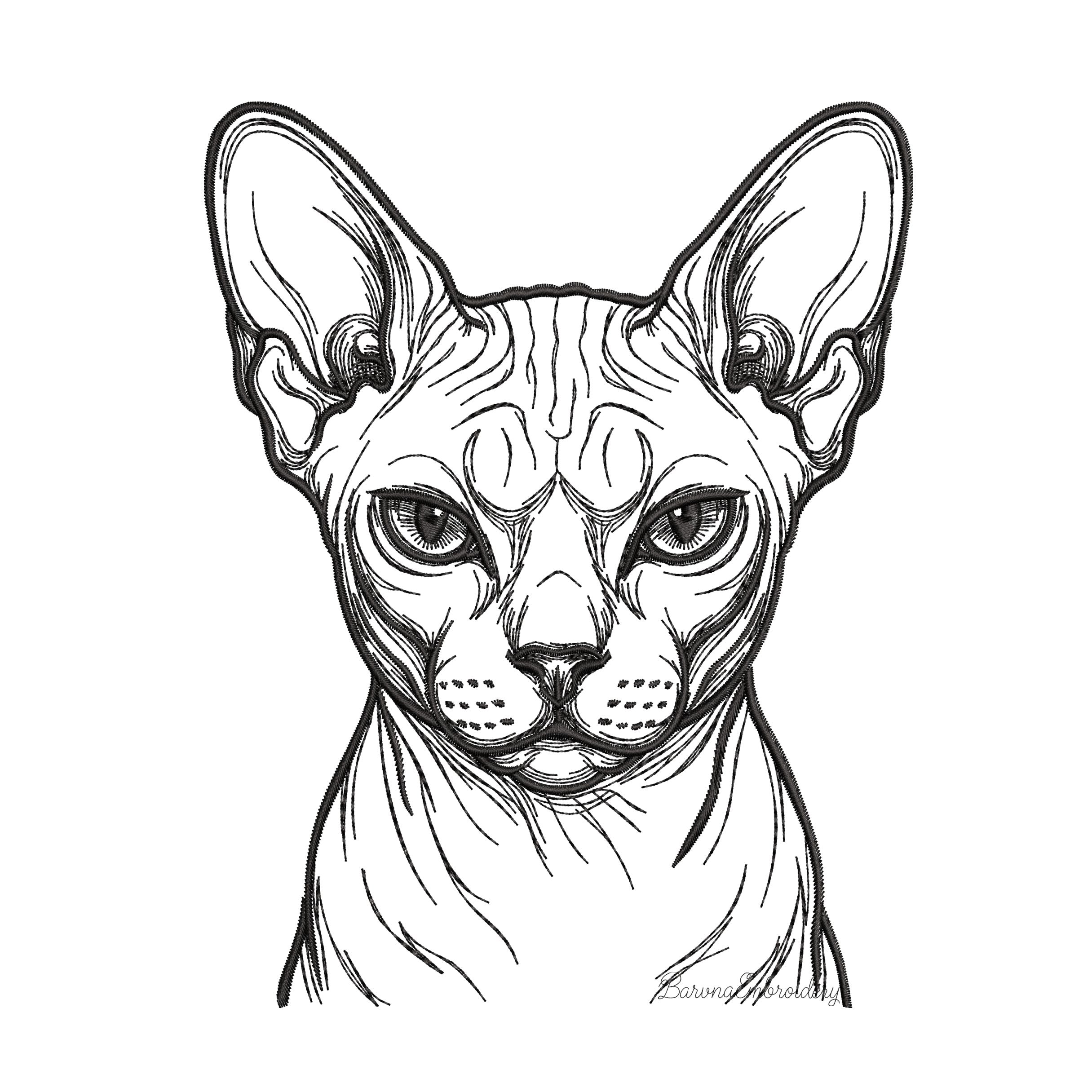 Sphynx cat face embroidery design line art preview - BarvnaEmbroidery