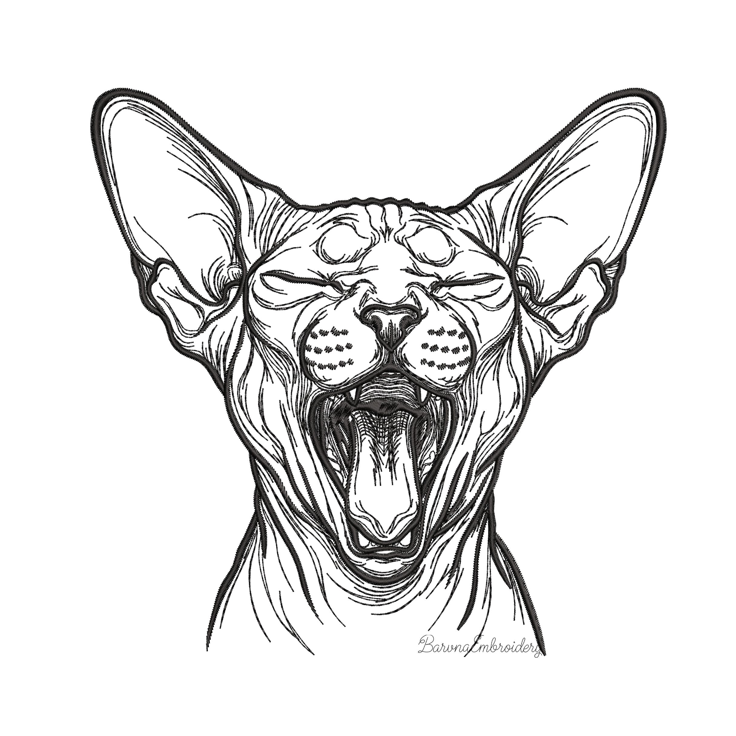 Sphynx cat embroidery design line art with open mouth and closed eyes - BarvnaEmbroidery