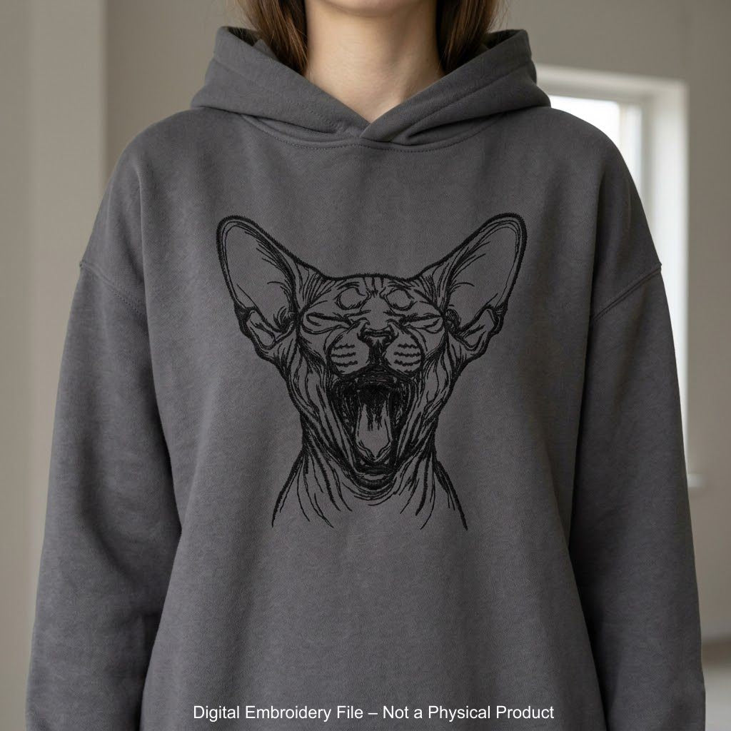 Sphynx cat embroidery design mockup on grey hoodie chest placement