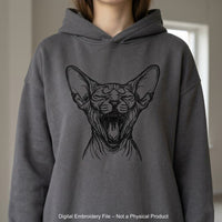 Sphynx cat embroidery design mockup on grey hoodie chest placement