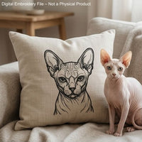 Sphynx cat embroidery design mockup on linen pillow with real Sphynx cat