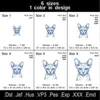 Sphynx cat embroidery design size chart - 6 sizes, stitch counts and file formats