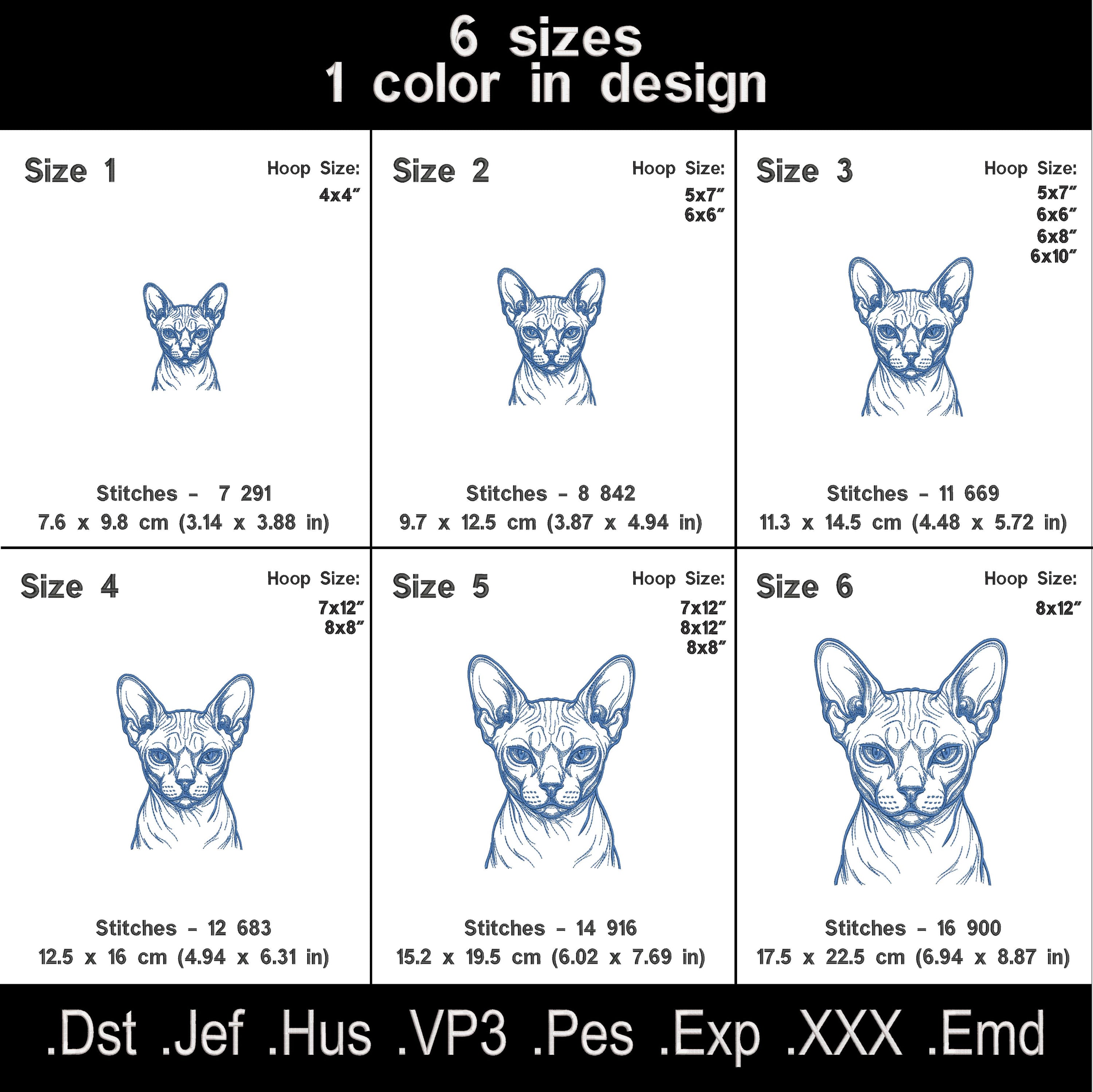 Sphynx cat embroidery design size chart - 6 sizes, stitch counts and file formats
