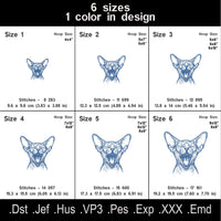 Sphynx cat embroidery design size chart - 6 sizes, stitch counts and file formats