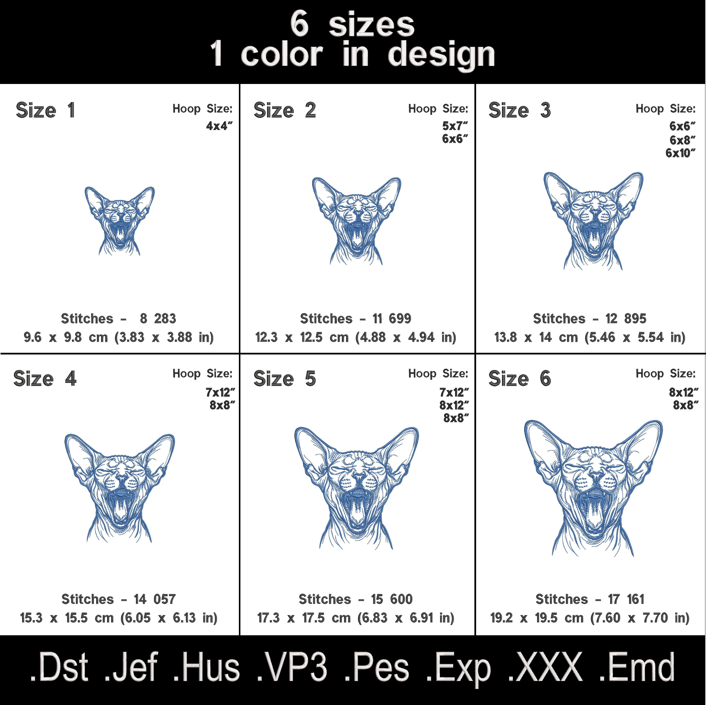 Sphynx cat embroidery design size chart - 6 sizes, stitch counts and file formats