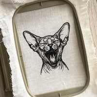 Finished Sphynx cat embroidery stitched out on fabric in hoop - BarvnaEmbroidery
