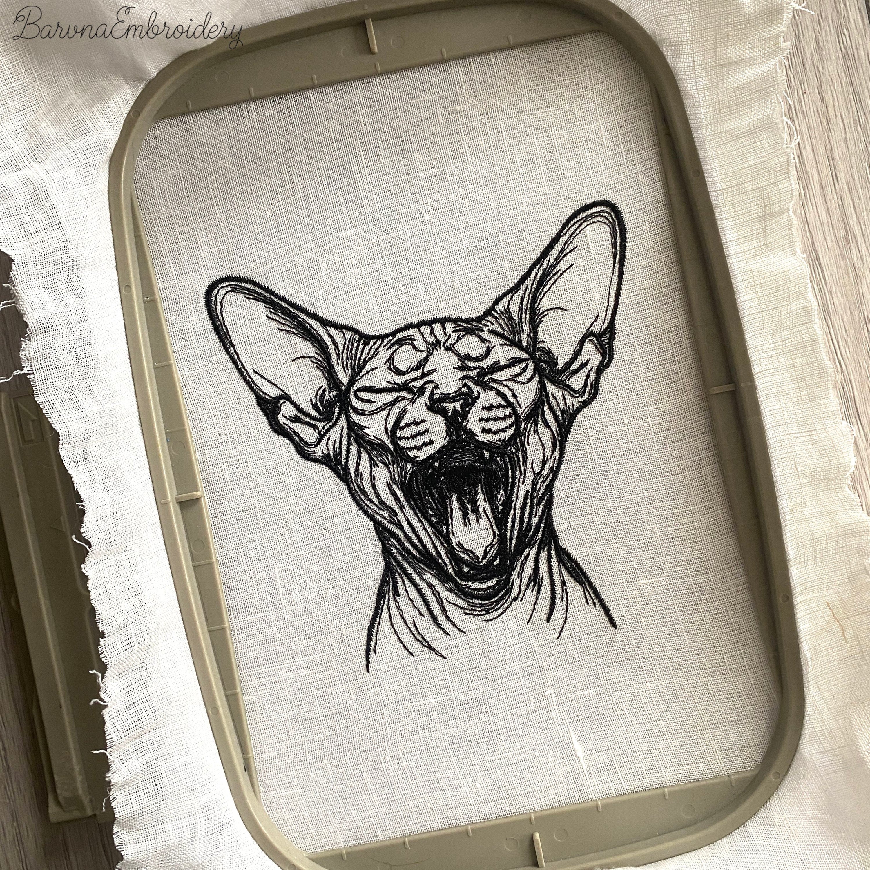 Finished Sphynx cat embroidery stitched out on fabric in hoop - BarvnaEmbroidery
