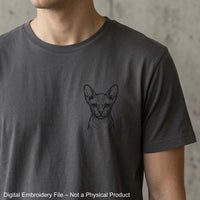 Sphynx cat embroidery design mockup on grey men's t-shirt chest placement