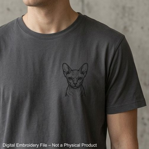 Sphynx cat embroidery design mockup on grey men's t-shirt chest placement