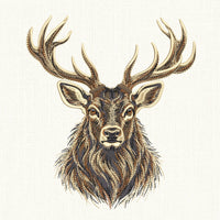 Full fill deer embroidery design on cream, showing a stag portrait with detailed antlers and shaded neck fur.