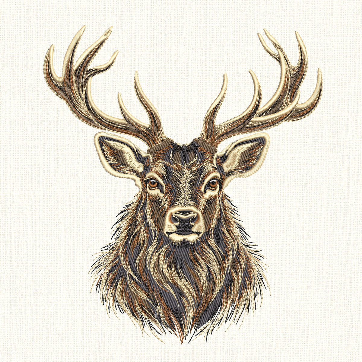 Full fill deer embroidery design on cream, showing a stag portrait with detailed antlers and shaded neck fur.