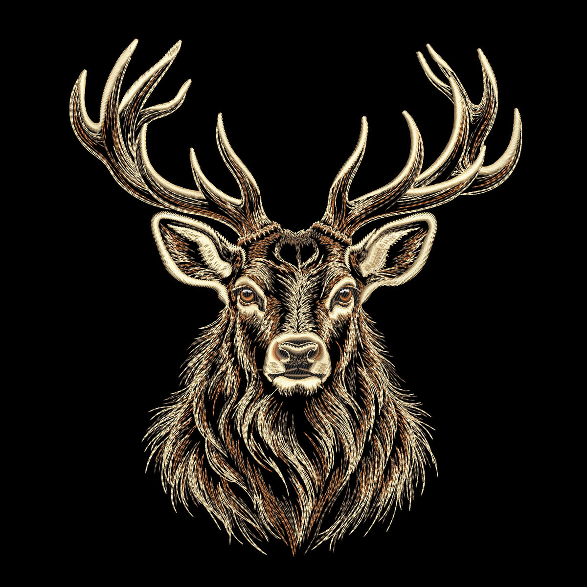 Front-facing stag portrait embroidery preview on black, with branching antlers and open stitching through the face and neck.