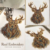 Full fill stag portrait stitched on white fabric, with views of the embroidery process and finished design.