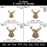 Full fill stag portrait size chart showing four sizes, six thread colors, stitch counts and hoop requirements.