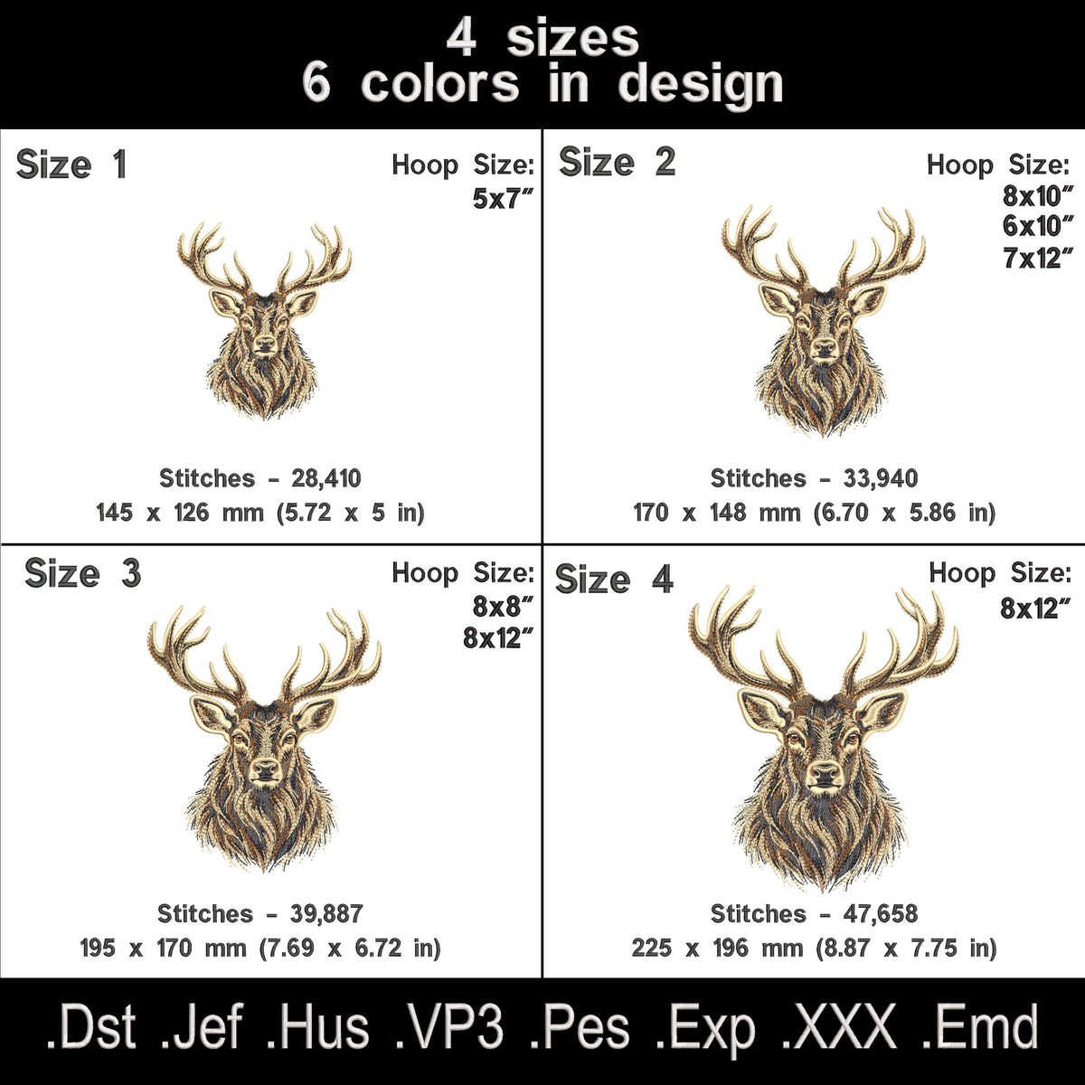 Full fill stag portrait size chart showing four sizes, six thread colors, stitch counts and hoop requirements.