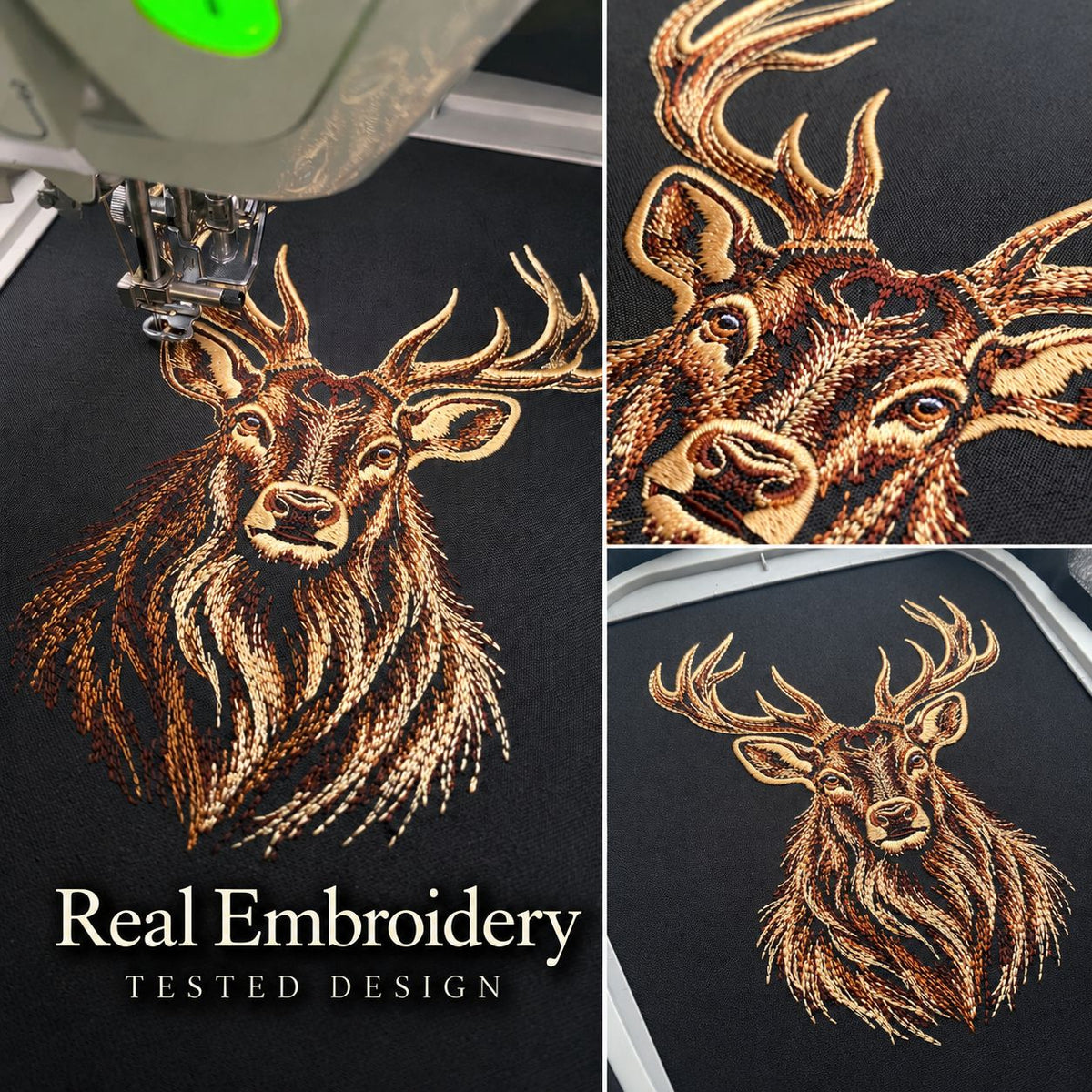Open fill stag embroidery on black fabric, shown under the machine needle, in a face close-up and as a complete portrait.