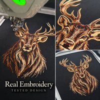 Open fill stag embroidery on black fabric, shown under the machine needle, in a face close-up and as a complete portrait.