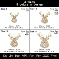 Open fill stag portrait size chart showing four sizes, five thread colors, stitch counts and hoop requirements.