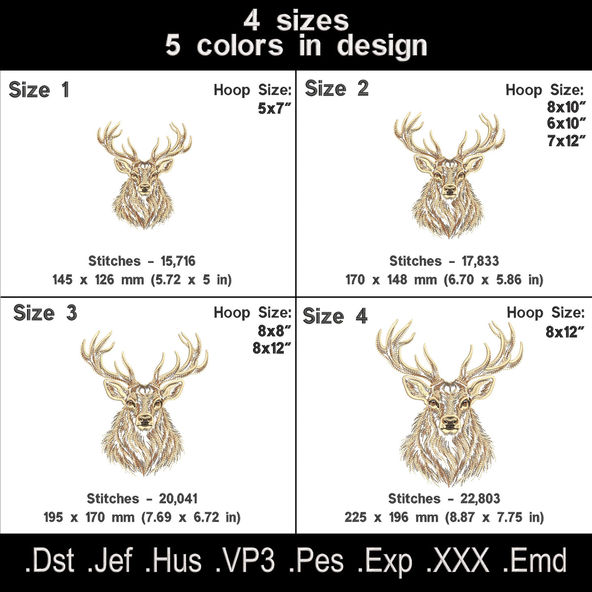 Open fill stag portrait size chart showing four sizes, five thread colors, stitch counts and hoop requirements.