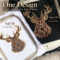 Actual stag portrait stitch-outs in hoops: full fill on white fabric and open fill on black fabric.