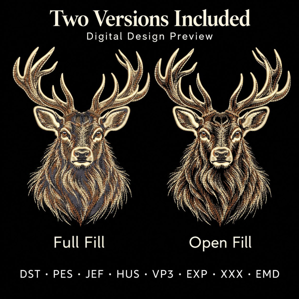 Digital stag portrait previews comparing full fill and open fill, with the available embroidery file formats listed below.