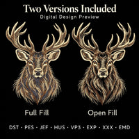 Digital stag portrait previews comparing full fill and open fill, with the available embroidery file formats listed below.