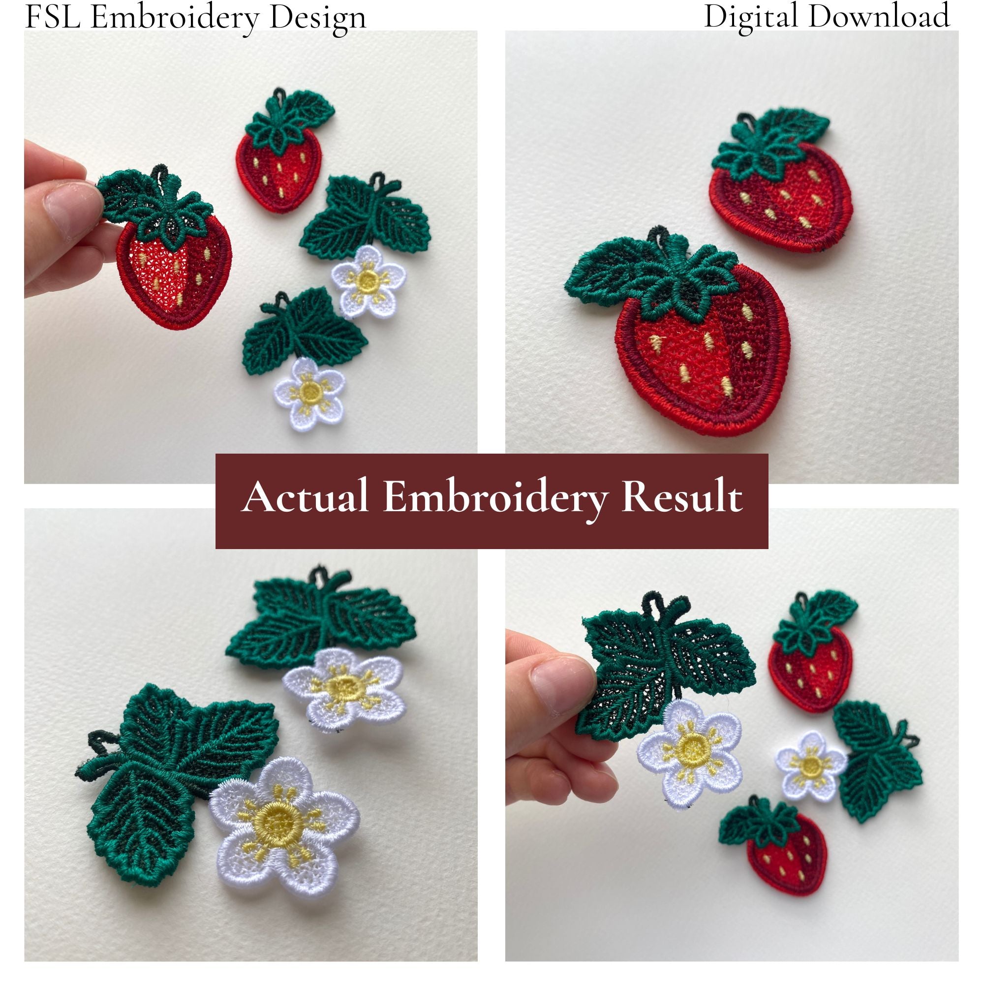 Collage of actual Strawberry FSL embroidery results in berry and white blossom styles