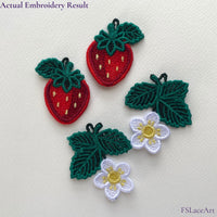 Finished Strawberry FSL embroidery set with two red berries and two white blossoms on a neutral background