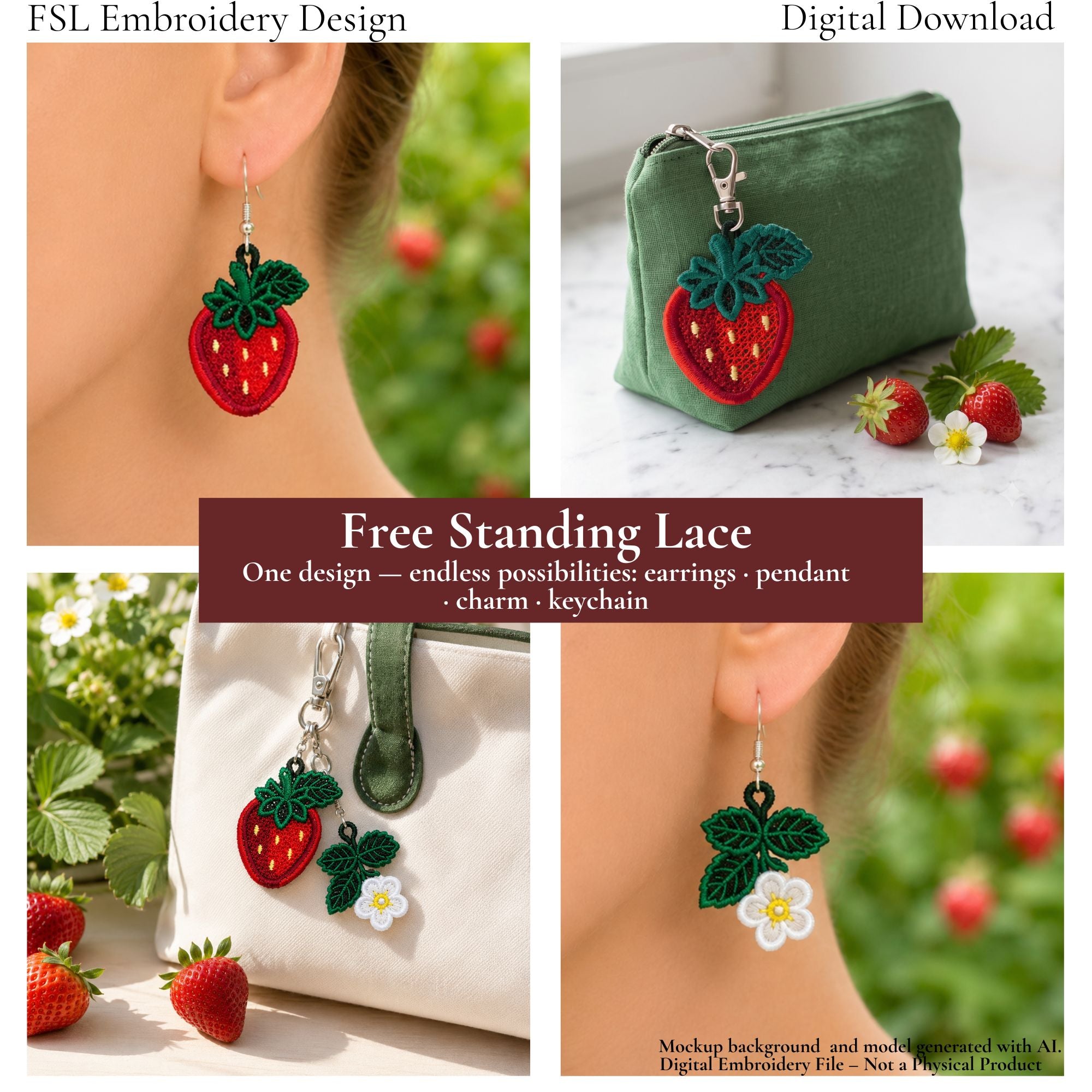Strawberry FSL design shown as berry and blossom earrings, keychains and bag charms