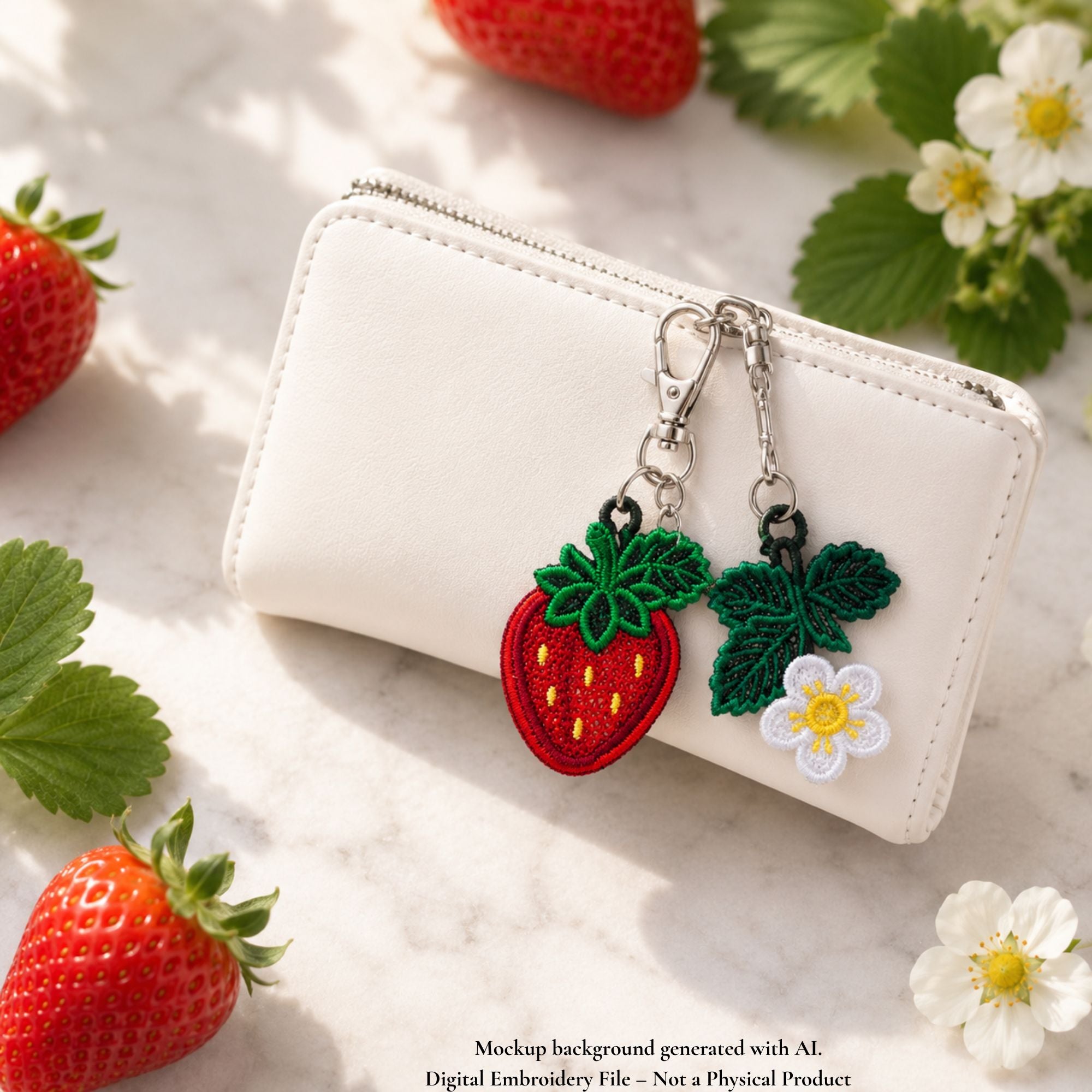 Strawberry and blossom FSL keychain charms attached to a white wallet with fresh berries and flowers
