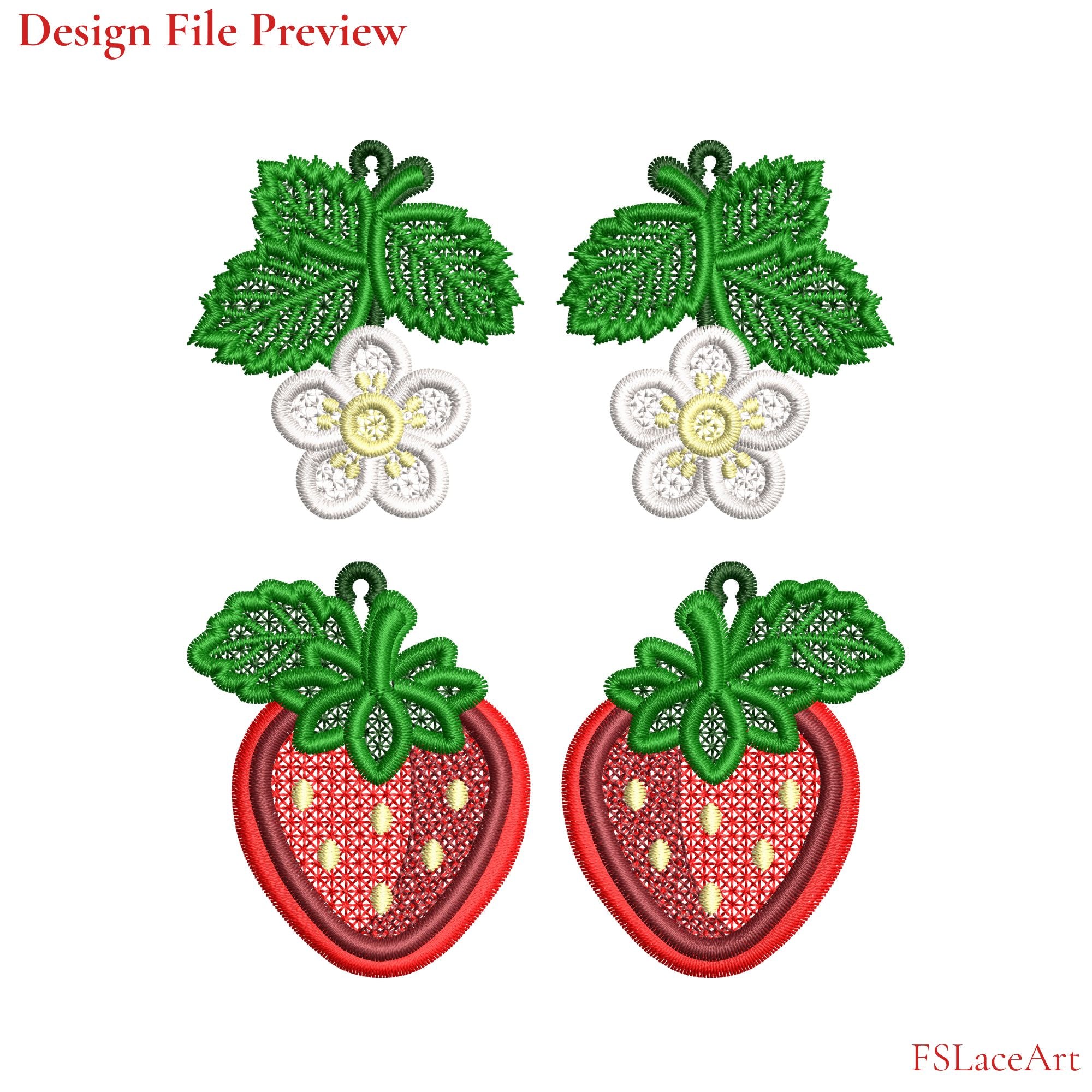 Machine embroidery file preview showing mirrored Strawberry FSL berry and blossom designs