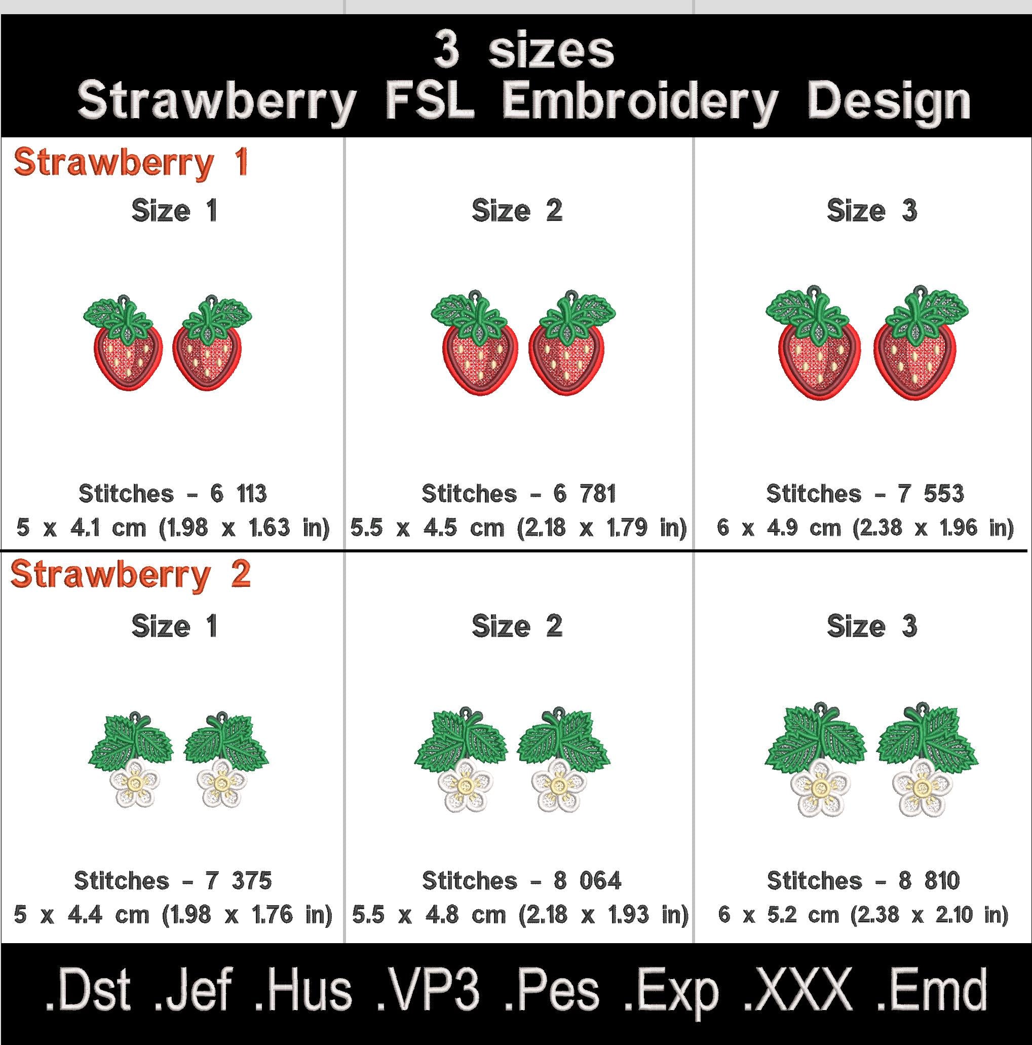 Strawberry FSL embroidery size chart with dimensions and stitch counts for three sizes of each style
