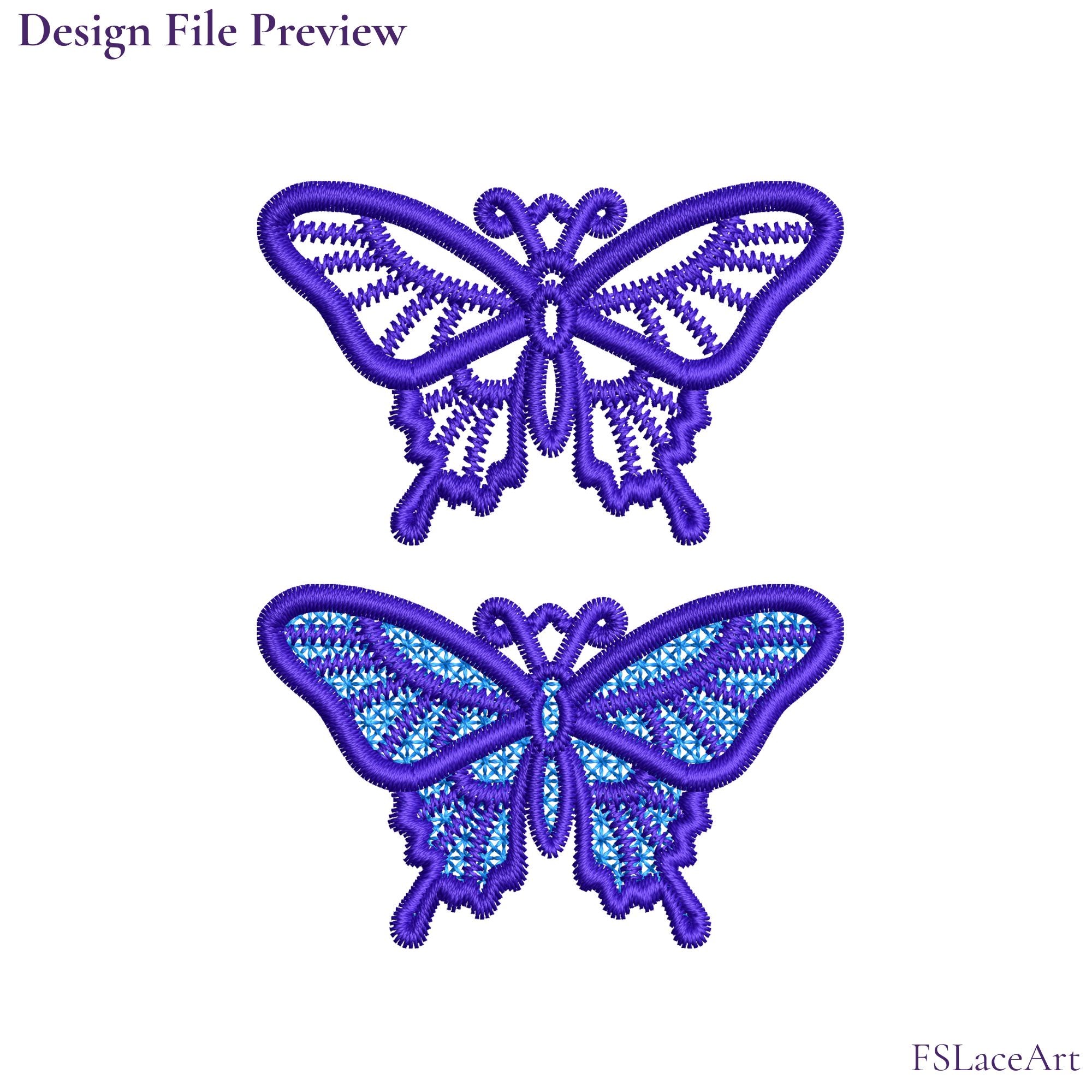 Machine embroidery file preview showing open cutwork and blue lace-filled swallowtail butterfly FSL designs