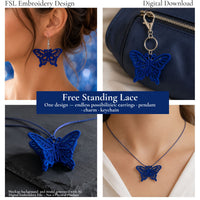Blue lace-filled swallowtail butterfly FSL earring displayed on a silver hook