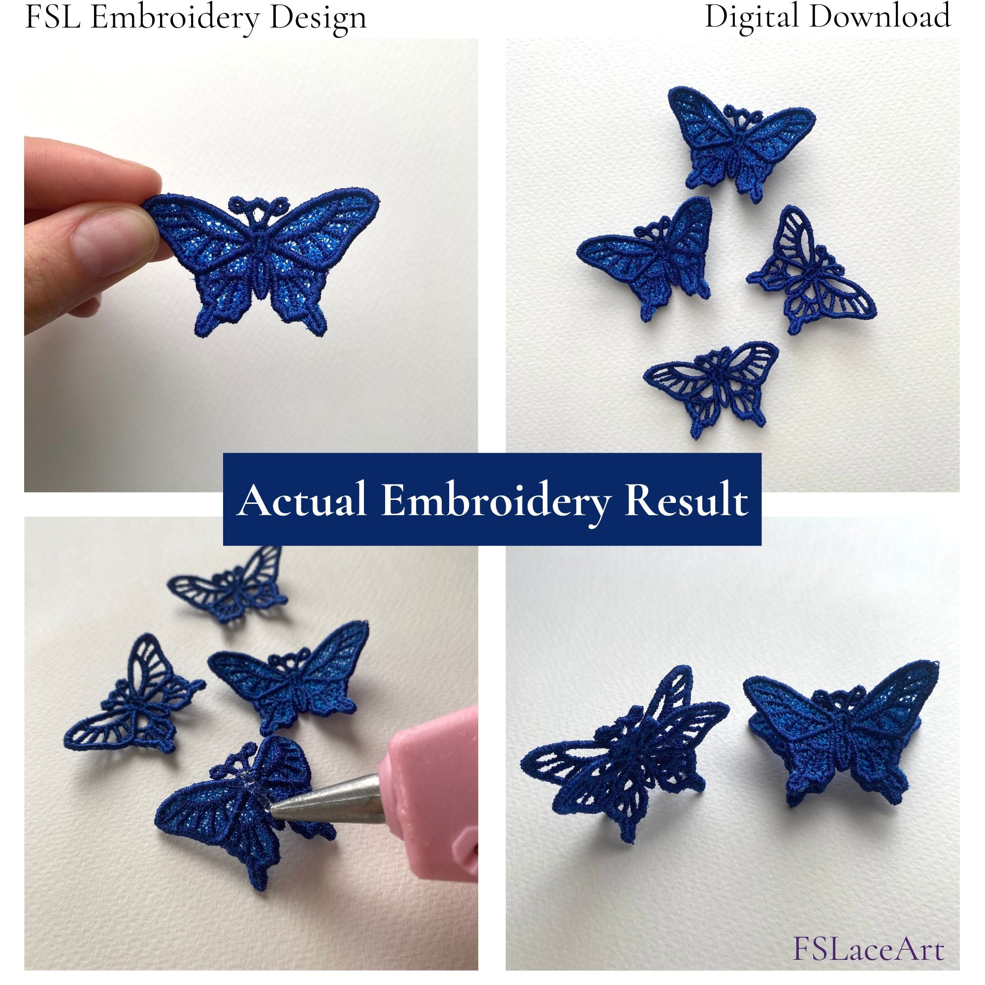 Collage of actual blue swallowtail butterfly FSL embroidery results showing both wing styles and layered assembly