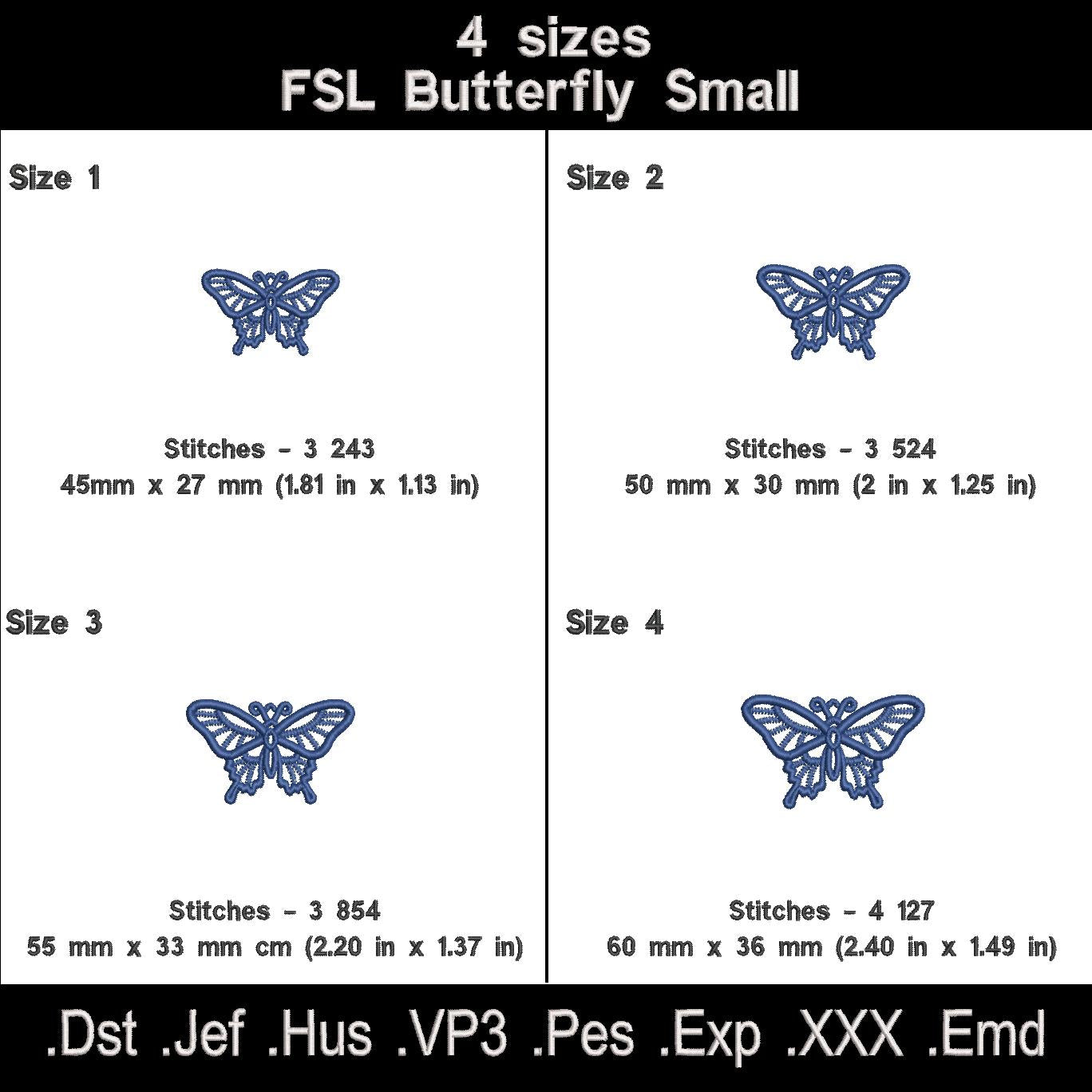 Swallowtail butterfly FSL embroidery size chart with four sizes, dimensions, stitch counts and file formats