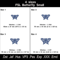 Swallowtail butterfly FSL embroidery size chart with four sizes, dimensions, stitch counts and file formats