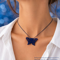 Blue open-wing swallowtail butterfly FSL pendant on a thin cord necklace worn with a white blouse