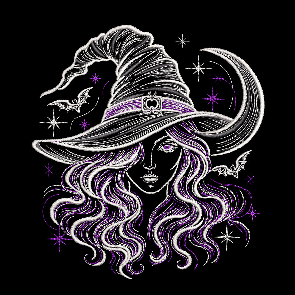 Witch portrait embroidery preview on black with light outlines, purple accents, a crescent moon, bats and stars.