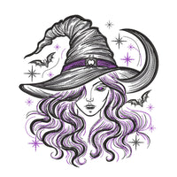 Witch portrait embroidery preview on white with dark outlines, flowing hair, a pointed hat and purple details.