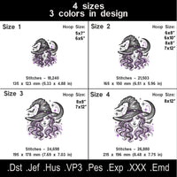 Witch embroidery size chart showing four sizes, three thread colors, stitch counts, hoop requirements and file formats.