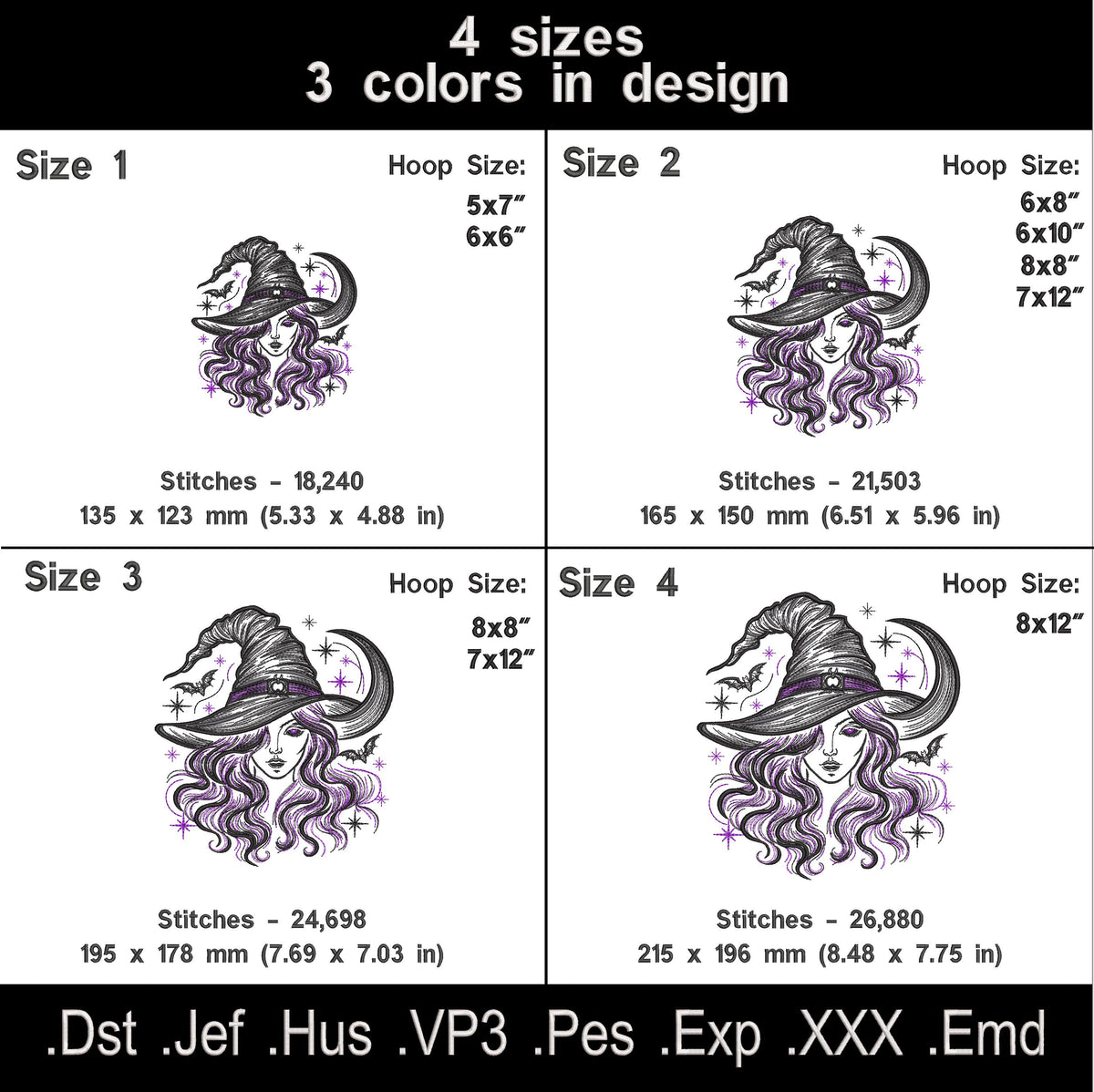 Witch embroidery size chart showing four sizes, three thread colors, stitch counts, hoop requirements and file formats.